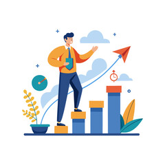 Confident Boss Adjusting Growth Timeline Chart – Business Strategy, Leadership Success, Corporate Planning, Visionary Teamwork Concept Vector Illustration