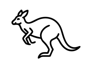 Simple black line drawing of a kangaroo in motion. A clean, minimalist black line illustration of a kangaroo in a dynamic leaping pose against a pure white background.