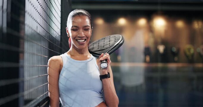 Face, smile and woman with racket for padel session, sports training and competition on court. Portrait, female person and happy at fitness club, tennis games and match practice for tournament event - Powered by Adobe