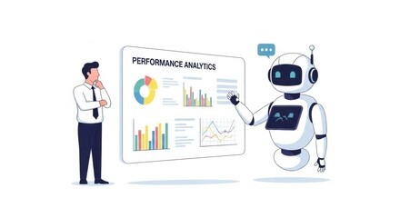 Illustration of a business professional analyzing performance data with robot assistance in a