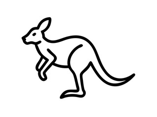 Simple black line drawing of a kangaroo in motion. A clean, minimalist black line illustration of a kangaroo in a dynamic leaping pose against a pure white background.