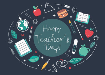 Happy teacher s day celebration with school supplies and educational icons arranged in a circle