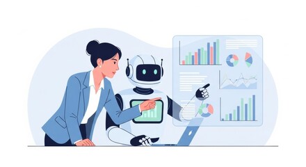 Businesswoman collaborates with advanced ai robot analyzing data visualizations for corporate