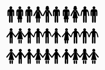 Diverse group of stick figures holding hands in three rows symbolizing unity and community connection