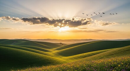 Fototapeta premium 3d icon of rolling green hills under a bright sunrise with birds flying in the sky transparent background