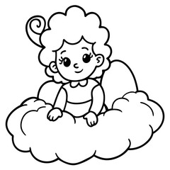 Obraz premium Cute cartoon angel with curly hair sitting on a fluffy cloud with wings outlined
