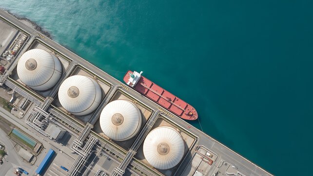 Photo of aerial view of cargo ship docked at industrial port