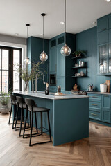 A modern kitchen with Transformative Teal (#306263) cabinets, marble backsplash, and gold pendant lights, showcasing a modern, luxurious style with a Transformative Teal (#306263) color scheme.