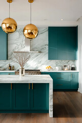 A modern kitchen with Transformative Teal (#306263) cabinets, marble backsplash, and gold pendant lights, showcasing a modern, luxurious style with a Transformative Teal (#306263) color scheme.