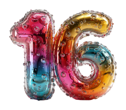 Celebrating 16th birthday with colorful balloon decoration festive home creative angle isolated on transparent background