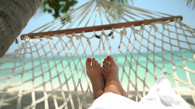 relaxing scene of bare feet resting on hammock against tropical beach backdrop, point-of-view footage. blue sea and clear sky, serene summer vacation vibe. travel, lifestyle, ultimate relaxation.