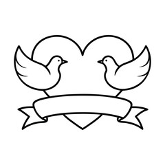Obraz premium Two Doves with Heart and Banner Outline