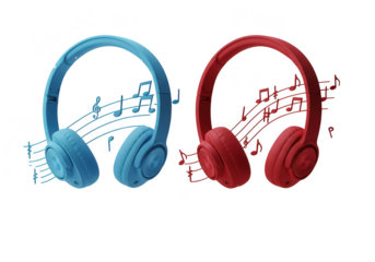 Photo of a pair of stylish blue and red headphones are displayed with musical notes floating around them, isolated on transparent background