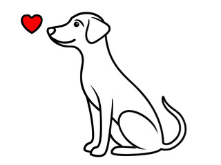 Happy dog looking at a red heart with a smile on its face isolated on white background