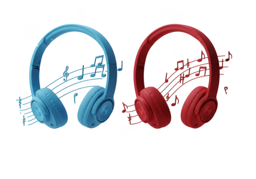 Photo of a pair of stylish blue and red headphones are displayed with musical notes floating around them, isolated on transparent background
