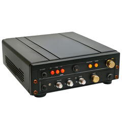 Fototapeta premium Vintage audio amplifier with multiple knobs and connectors for enhanced sound experience, transparent background, cutout PNG