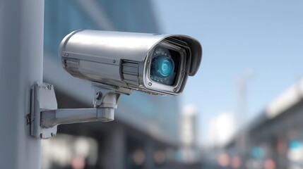 Modern silver security camera mounted on a building exterior with a blurred urban background