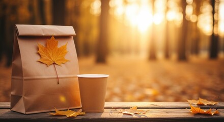 Autumnal refreshment a paper bag and coffee cup on wooden surface with maple leaf decoration