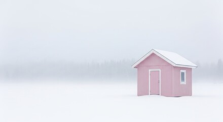 Solitary pink cabin in winter landscape evoking solitude and serene minimalist aesthetic in an icy