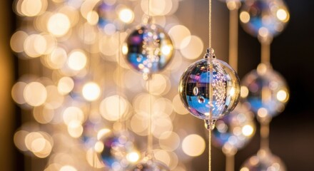 Floating iridescent spheres illuminated by dreamy bokeh light creating a magical ambient atmosphere