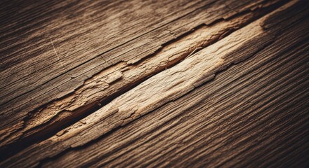 Detailed close up of an aged, weathered wood plank surface with prominent fracture lines and
