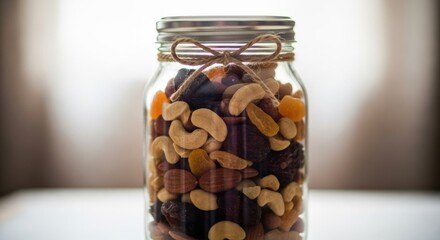 An assorted medley of nuts and dried fruits nestled in a quaint glass jar displaying a rustic