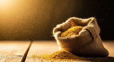 Rustic charm of a burlap sack overflowing with golden grains on wooden surface