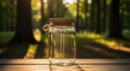 Sunlit serenity: A glass jar on wooden planks against a blurred forest backdrop
