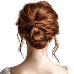 Naklejka premium Elegant hairstyle with intricate bun and loose strands on a woman with auburn hair, transparent background, cutout PNG