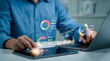 Businessman Analyzing Data on Tablet and Laptop with Graphs