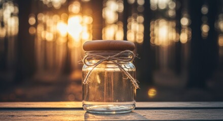 Golden hour glow captured in a glass jar with rustic charm and natural light