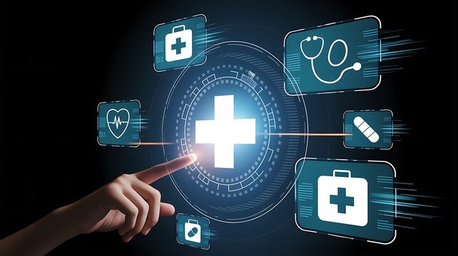 Photo of digital healthcare technology interface with medical icons