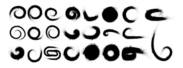 Collection of abstract black spiral brush stroke shapes created with grunge ink texture. Includes hand drawn swirls, circular strokes, and expressive brush forms in various styles.
