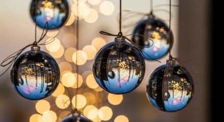 Sparkling iridescent ornaments hanging with diffused light, creating a festive atmosphere with