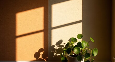 Contrasting geometric shadows play on textured walls surrounding an indoor leafy plant