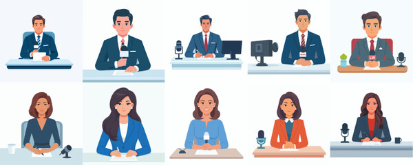 Set of Male and Female News Anchors and Reporters Broadcasting from a Studio Desk