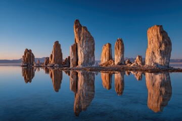 Tufa formations reflecting in calm water at Mono Lake, California