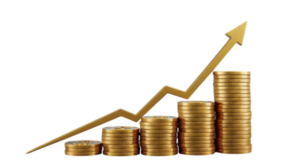 Golden arrow pointing up near stacks of golden coins    .ai generative, transparent background, white background. isolated on white background, png, jpeg, jpg.
