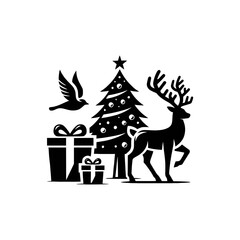 Elegant Christmas vector art featuring reindeer, gifts and tree for festive holiday designs