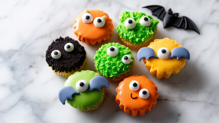 Obraz premium Delightful Halloween treats featuring playful monster cupcakes with vibrant frosting and cute eyes, perfect for festive food pairings