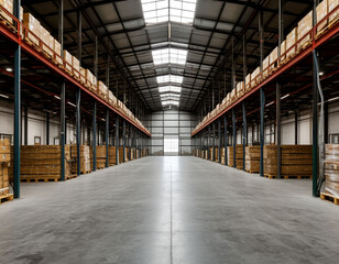 Fototapeta premium Vast and Empty Industrial Warehouse Hall, AI Generation