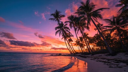 Vibrant tropical beach sunset with silhouetted palm trees reflecting in the calm ocean water