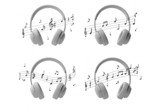 Photo of four gray headphones are arranged with musical notes swirling around them, creating a harmonious composition, isolated on transparent background