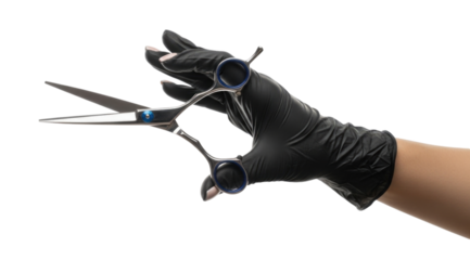 Professional hairdresser holds sharp scissors in gloved hand for styling, transparent background, cutout PNG