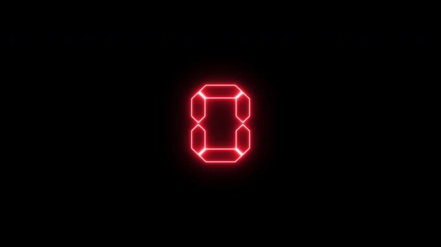 5 second countdown neon animation with number and wave glowing red color. 4k video