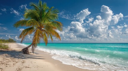 Obraz premium A solitary palm tree leans over a pristine white sand beach with turquoise ocean waves and dramatic clouds