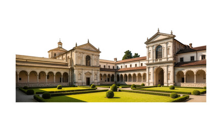 Obraz premium Stunning architectural view of a historic courtyard surrounded by elegant buildings with manicured hedges transparent background, cutout PNG