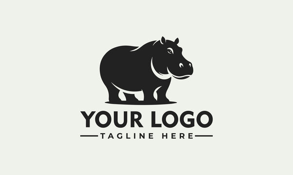 Simple black silhouette logo design of a hippopotamus, featuring a bold shape and clean lines, with space for company name and tagline.
