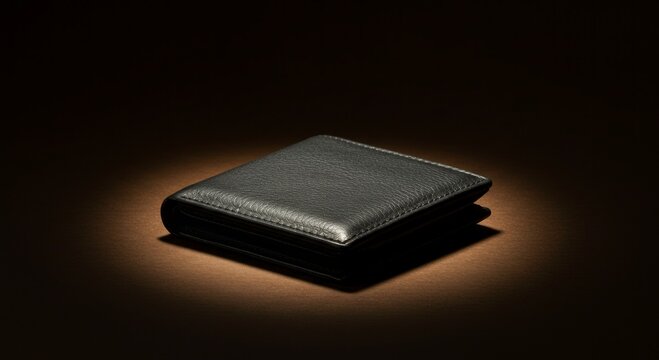 Dark leather wallet with textured surface illuminated by spotlight