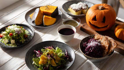 Delight in festive Halloween feast featuring vibrant food pairings that celebrate season with delicious salads and seasonal treats